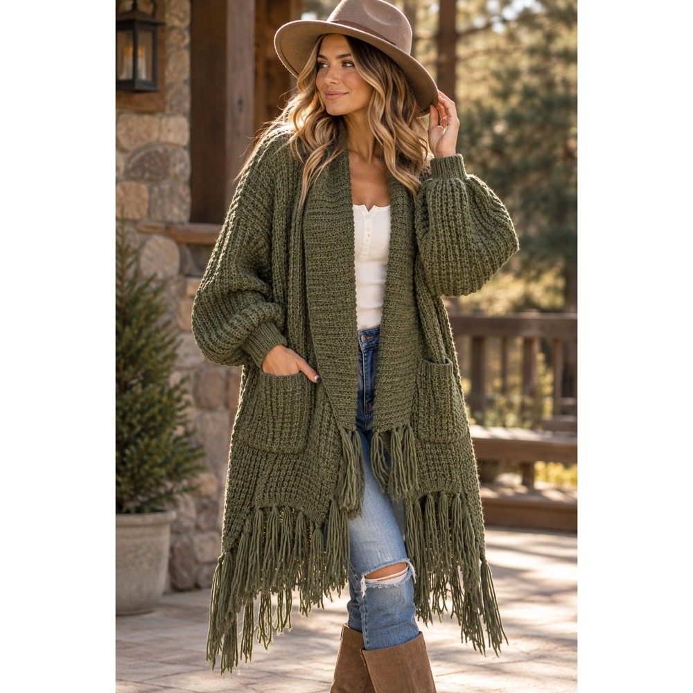 POL Cardigan Sweater M Olive Green Chunky Knit Oversized Fringe Boho Longline